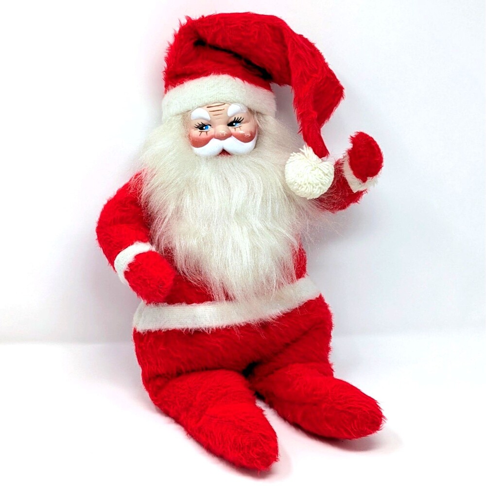 Vtg Large Semi Poseable Plush Santa w/ Painted Face & Wire Limbs by Beloved Toys